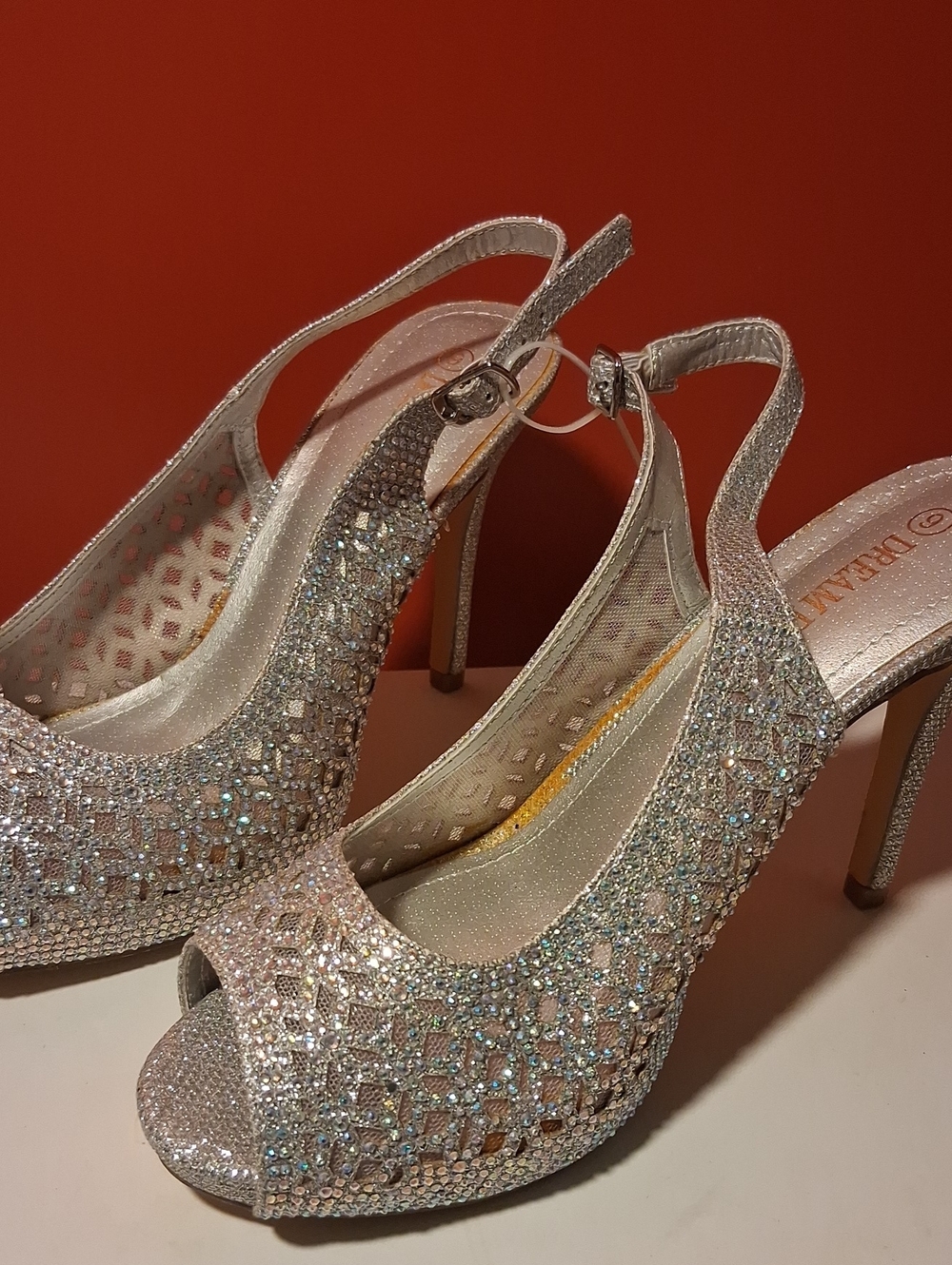 Rhinestone Embellished Silver Peep-Toe Slingback Heels